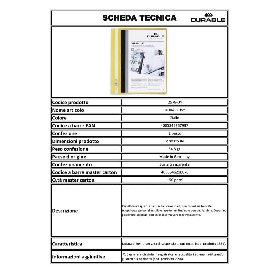 Cartellina ad aghi DURABLE DURAPLUS® A4 giallo 257904