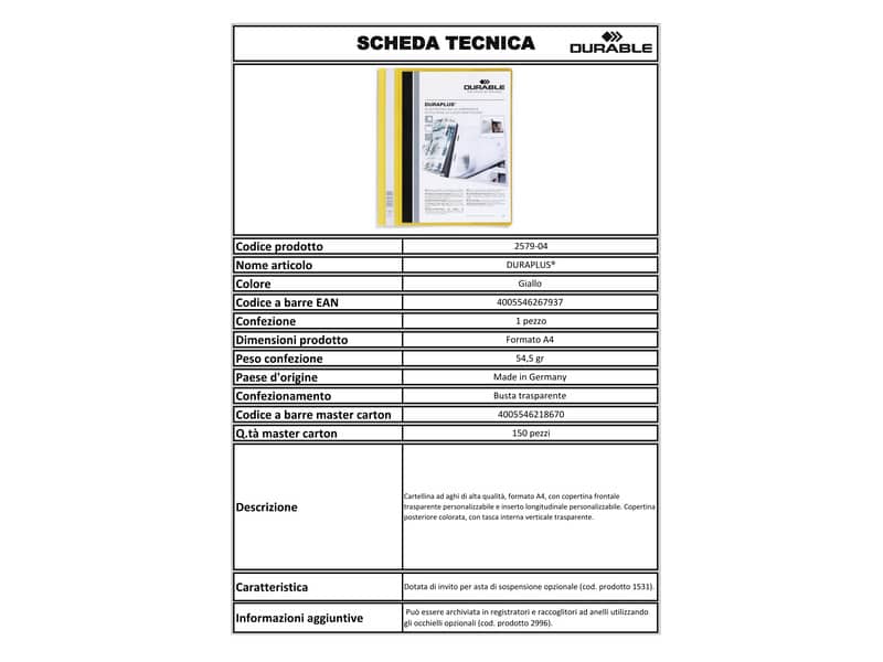 Cartellina ad aghi DURABLE DURAPLUS® A4 giallo 257904