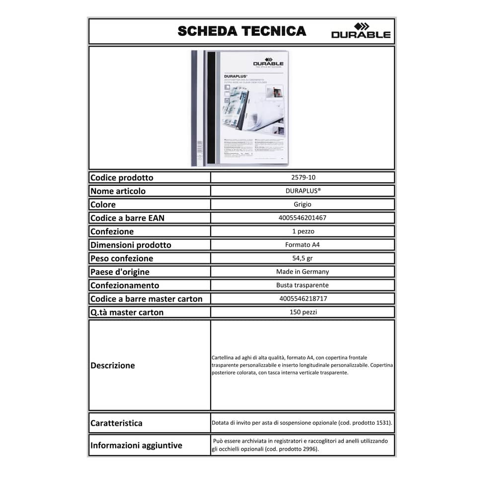 Cartellina ad aghi DURABLE DURAPLUS® A4 grigio 257910