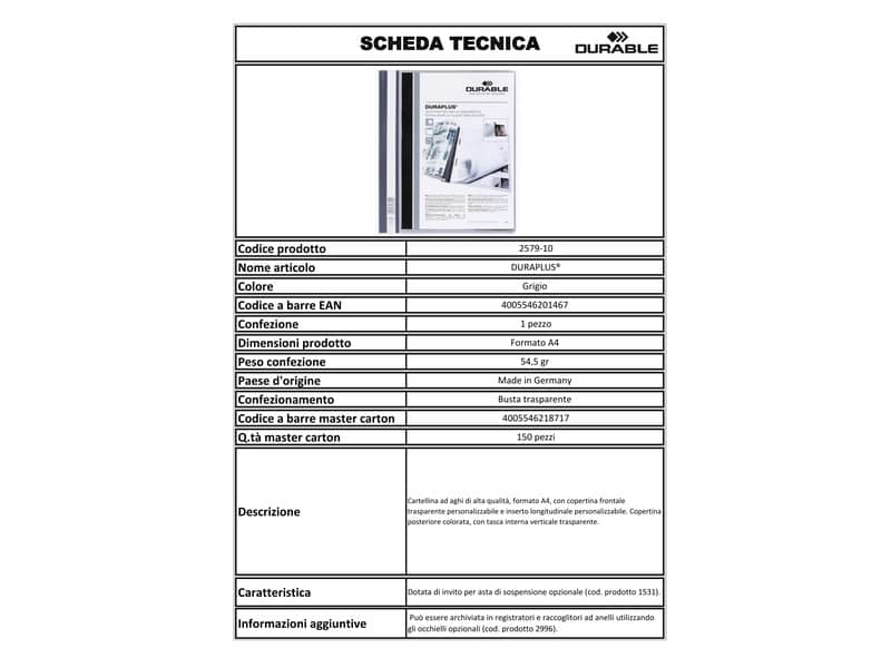 Cartellina ad aghi DURABLE DURAPLUS® A4 grigio 257910