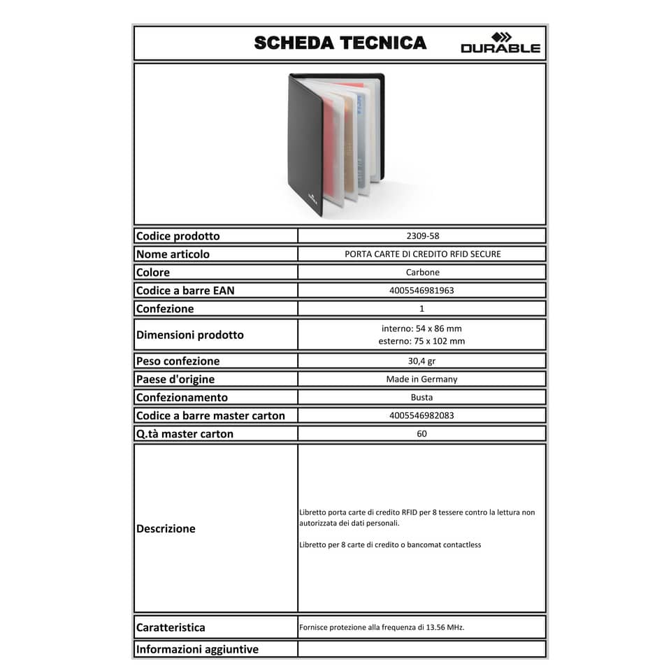 Porta carte di credito DURABLE RFID Secure 54x86 mm antracite per 8 carte 230958