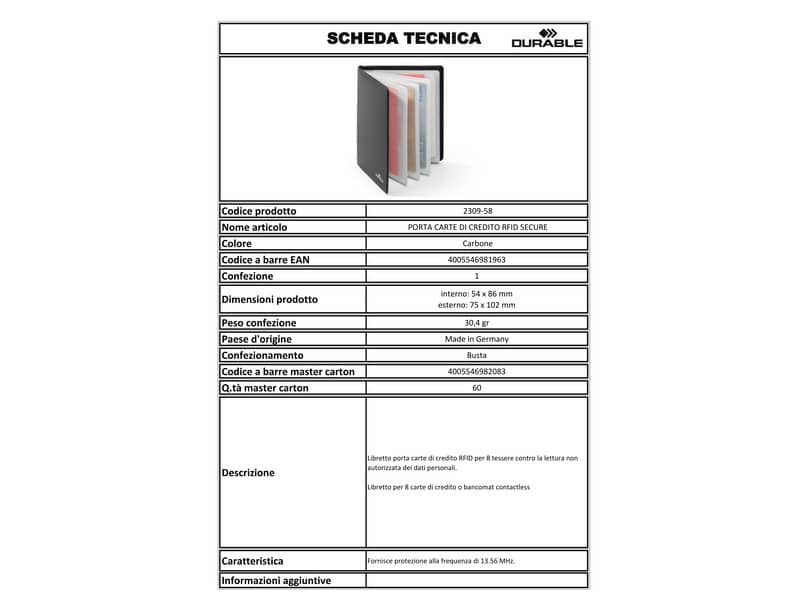 Porta carte di credito DURABLE RFID Secure 54x86 mm antracite per 8 carte 230958