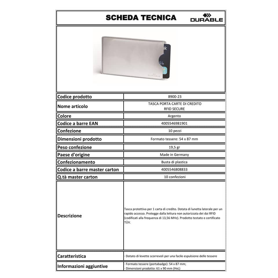 Tasca porta carte di credito DURABLE RFID SECURE argento metallizzato 54x86mm conf. 10 - 890023