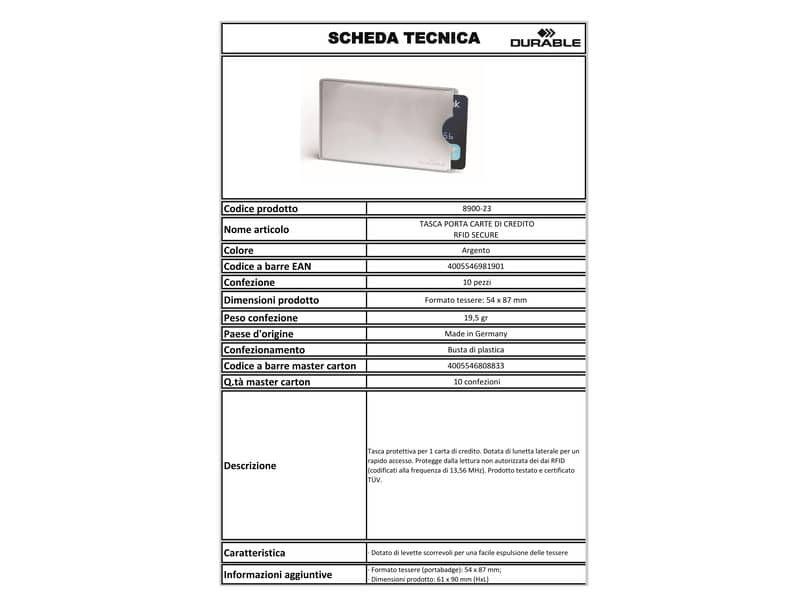 Tasca porta carte di credito DURABLE RFID SECURE argento metallizzato 54x86mm conf. 10 - 890023