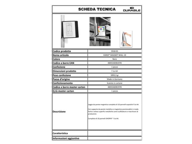 Leggio da parete DURABLE VARIO® MAGNET WALL 10 pannelli A4 nero - 591801