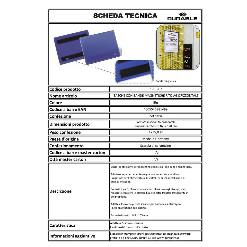 Tasche per identificazione Durable con bande magnetiche blu f.to est. mm. 163x 120x2,3-inserto A6 orizz. Cf. 50- 175607