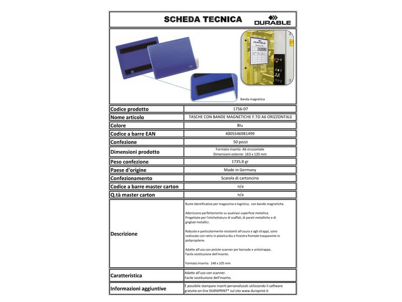 Tasche per identificazione Durable con bande magnetiche blu f.to est. mm. 163x 120x2,3-inserto A6 orizz. Cf. 50- 175607