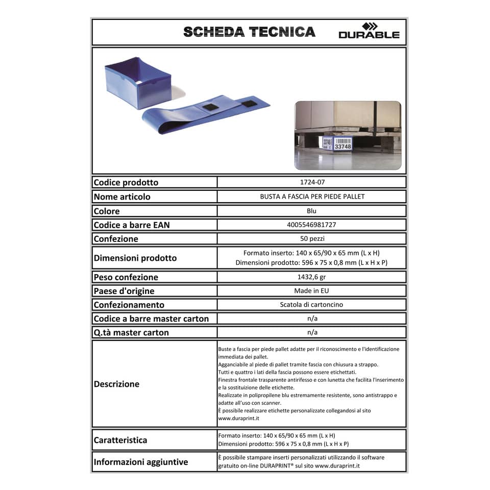 Buste a fascia DURABLE per piede pallet plastica blu scuro 145 x 65 mm conf. 50 - 172407