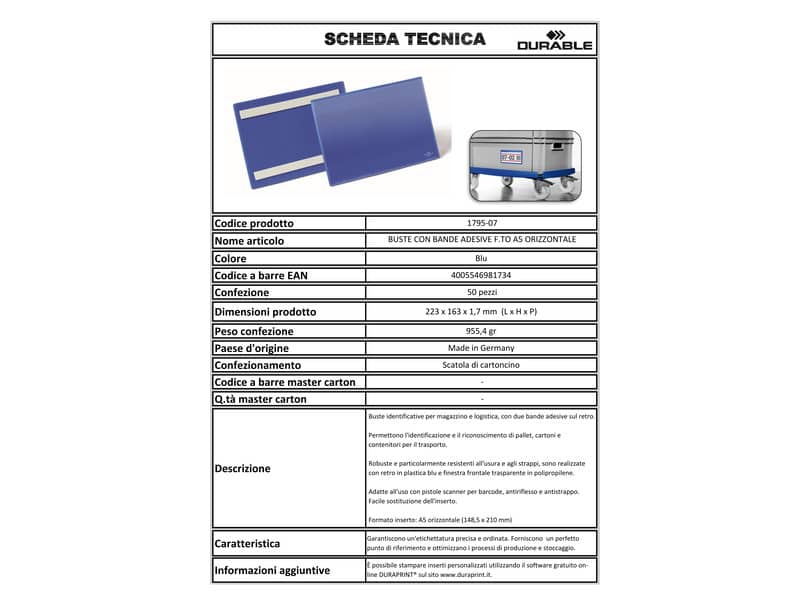 Tasche per identificazione Durable con bande adesive blu f.to esterno mm. 223x 163x1,7- inserto A5 orizz. cf 50- 179507