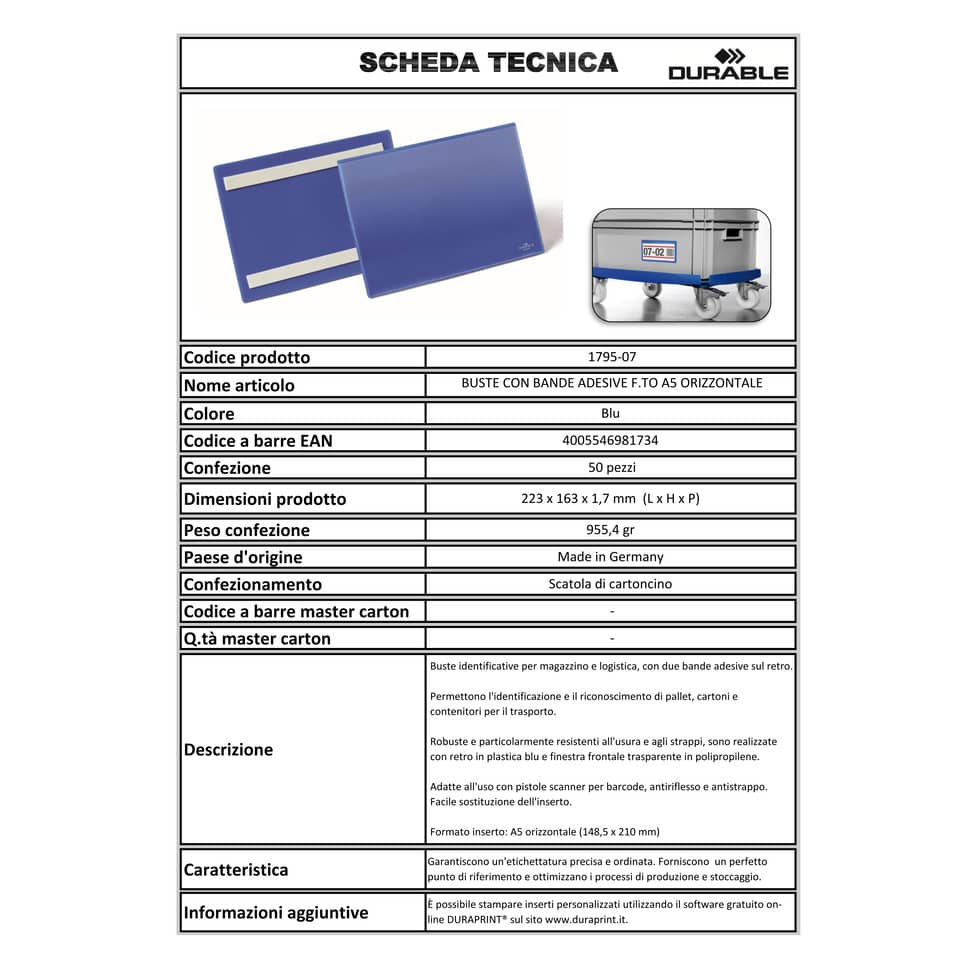 Tasche per identificazione Durable con bande adesive blu f.to esterno mm. 223x 163x1,7- inserto A5 orizz. cf 50- 179507