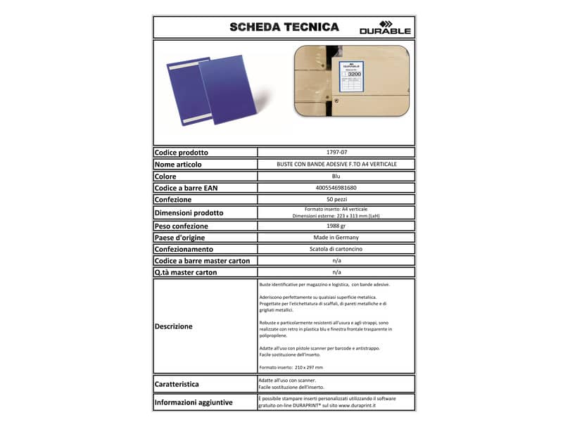 Tasche per identificazione Durable con bande adesive blu f.to esterno mm. 233x 313x1,7- inserto A4 vert. cf. 50- 179707