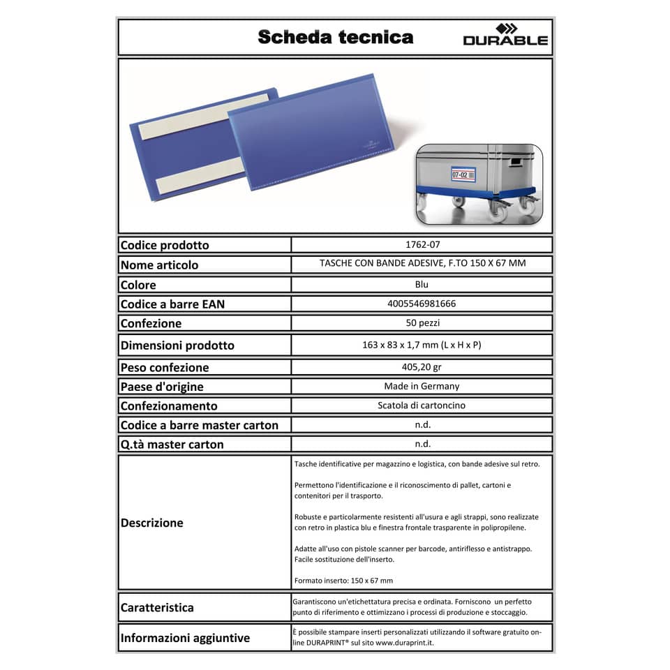 Tasche per identificazione Durable con bande adesive blu f.to esterno mm. 163x 83x1,7- inserto 150x67mm cf. 50 - 176207