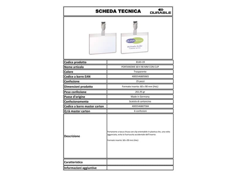 Portanomi con clip DURABLE EUROBADGE tasca chiusa pvc trasparente inserto 60x90mm  conf. 25 - 814319
