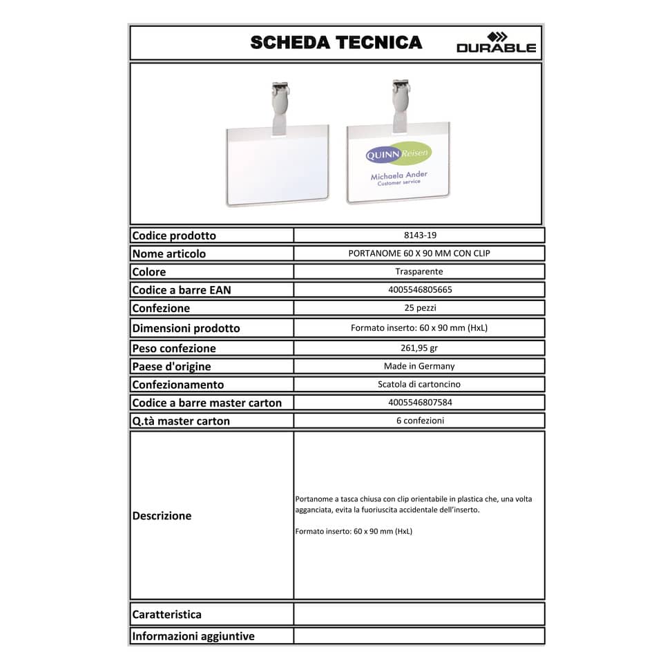 Portanomi con clip DURABLE EUROBADGE tasca chiusa pvc trasparente inserto 60x90mm  conf. 25 - 814319