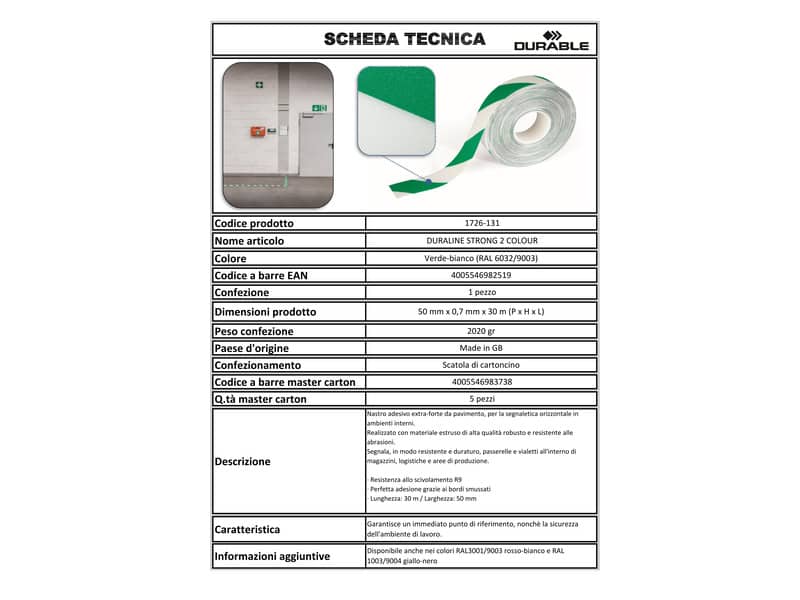 Bobina di nastro antiscivolo adesivo DURABLE DURALINE 50/07 verde segnale-bianco - 1726131