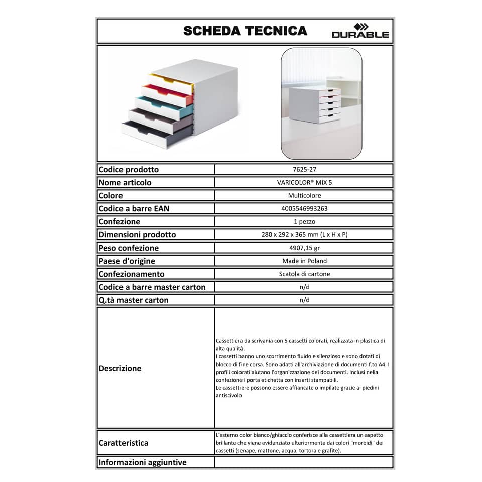 Cassettiera DURABLE Varicolor® 5 cassetti 28x35,6x29,2 cm profili colorati - 762527