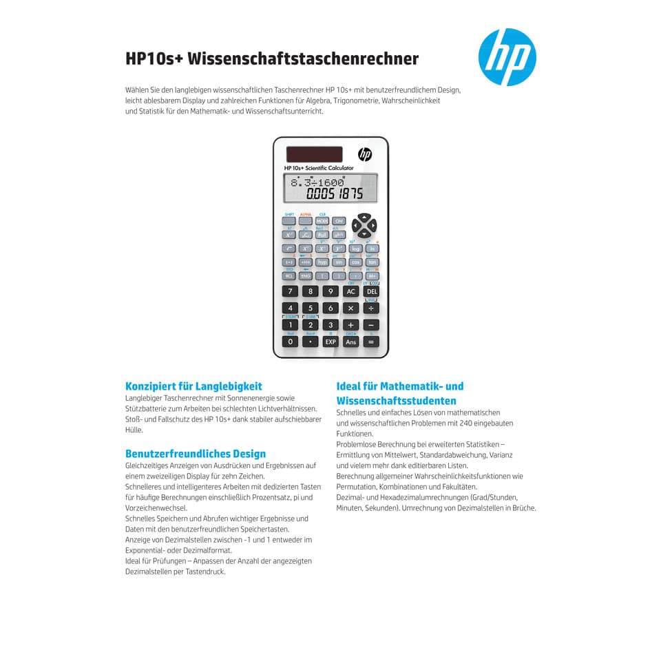 Calcolatrice scientifica a doppia alimentazione HP 10s+ display 2 linee e 240 funzioni bianco - HP-10SPLUS/B1S