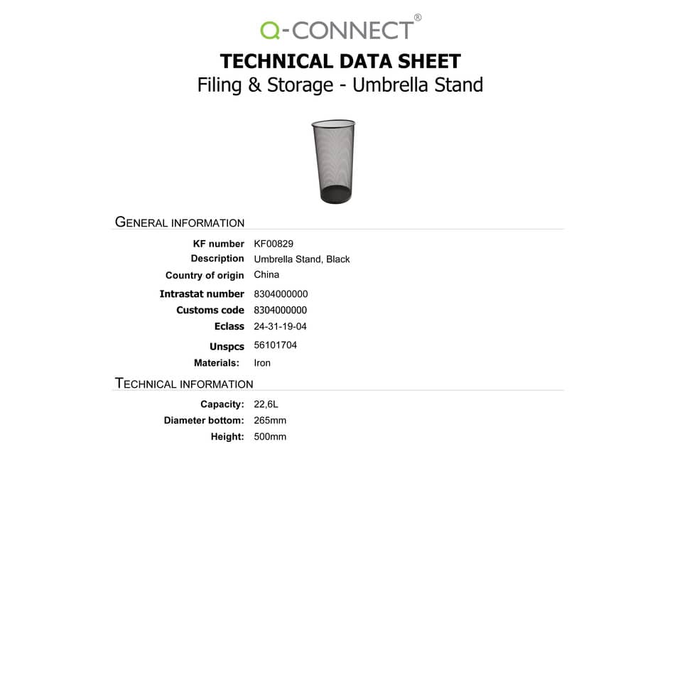 Portaombrelli in metallo Q-Connect 22.6 l h 50 cm x diametro 27,5 cm nero KF00829