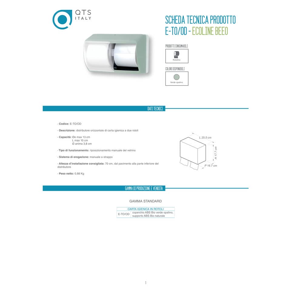 Distributore di carta igienica doppio rotolo QTS in ABS con capacità massima Ø 13 cm verde opalino - E-TO/OD-S