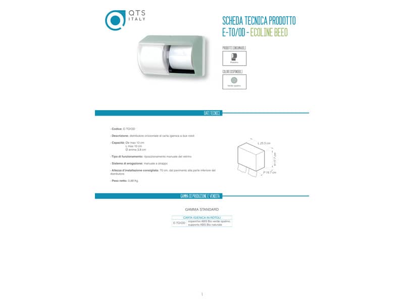 Distributore di carta igienica doppio rotolo QTS in ABS con capacità massima Ø 13 cm verde opalino - E-TO/OD-S