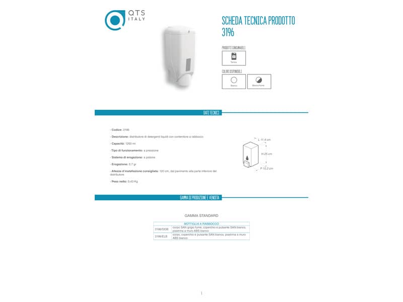 Distributore di sapone liquido a rabbocco diretto in ABS 11,4x10,2x25 cm QTS capacità 1200 ml bianco - 3196/ELB