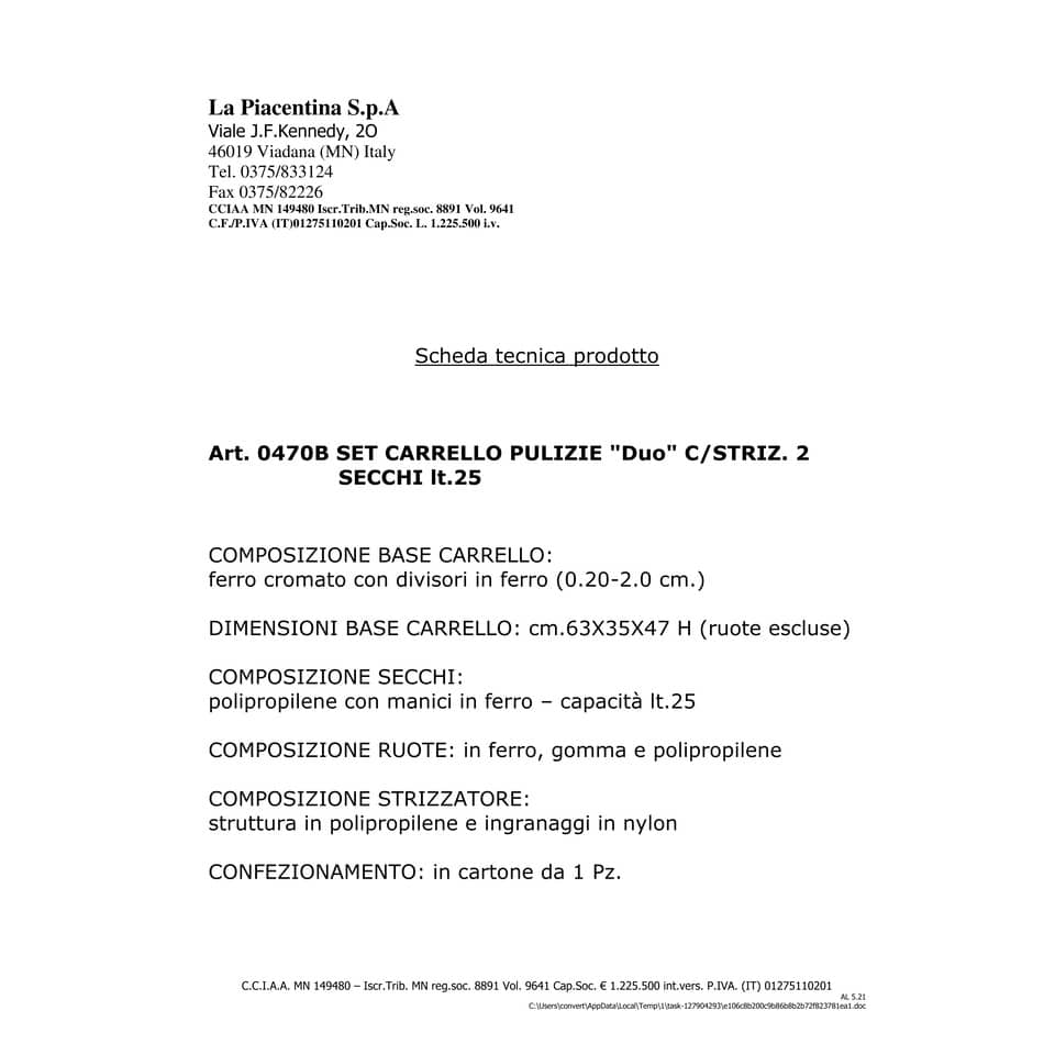 Carrello pulizia Perfetto Factory "Duo" + 2 secchi 25 lt. 0470B