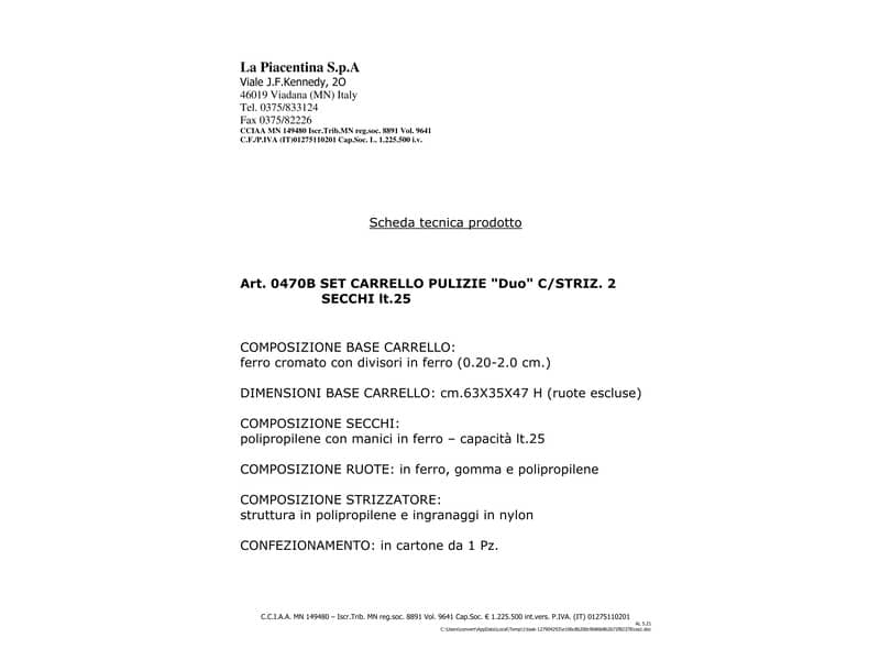 Carrello pulizia Perfetto Factory "Duo" + 2 secchi 25 lt. 0470B