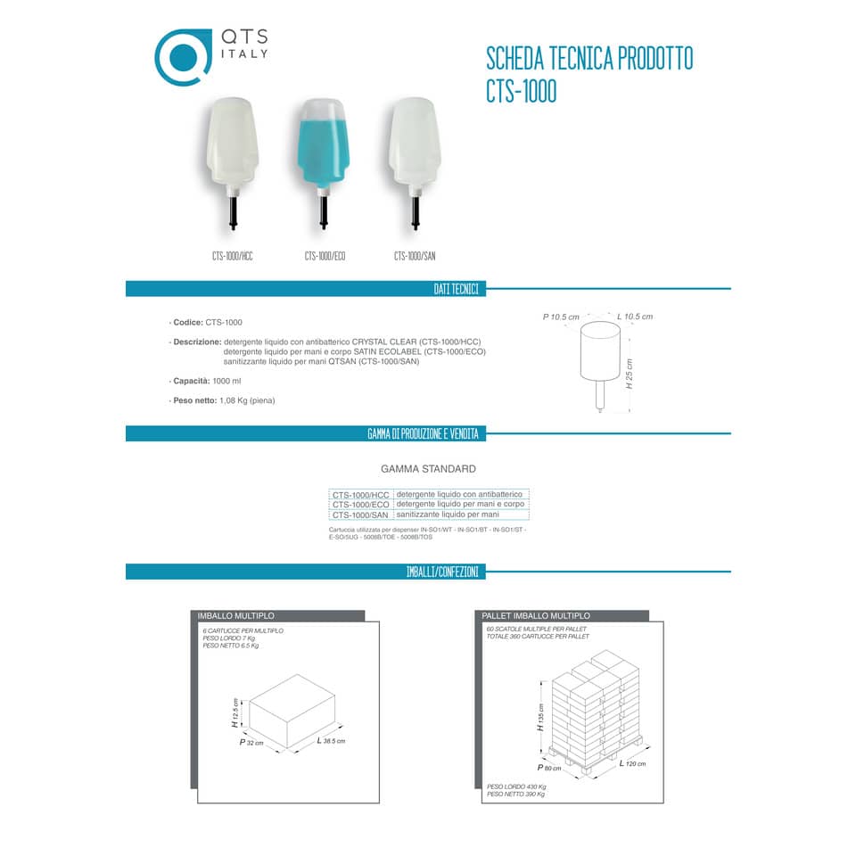 Cartuccia collassabile di gel sanitizzante QTS capacità 1000 ml conf. 6 pezzi - CTS-1000/SAN