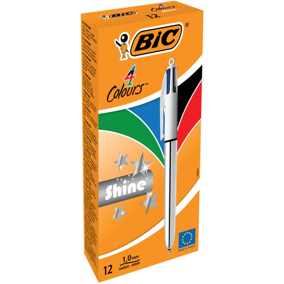 Penne a sfera a scatto BIC 4 Colours Shine fusto Silver M 1 mm assortiti 982873