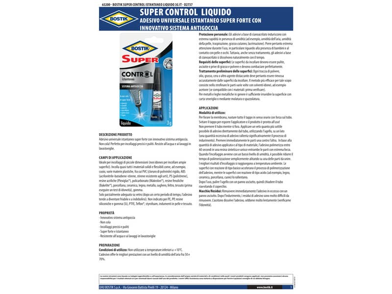 Adesivo cianoacrilato ultra rapido Bostik Super Control 3 gr - D2737