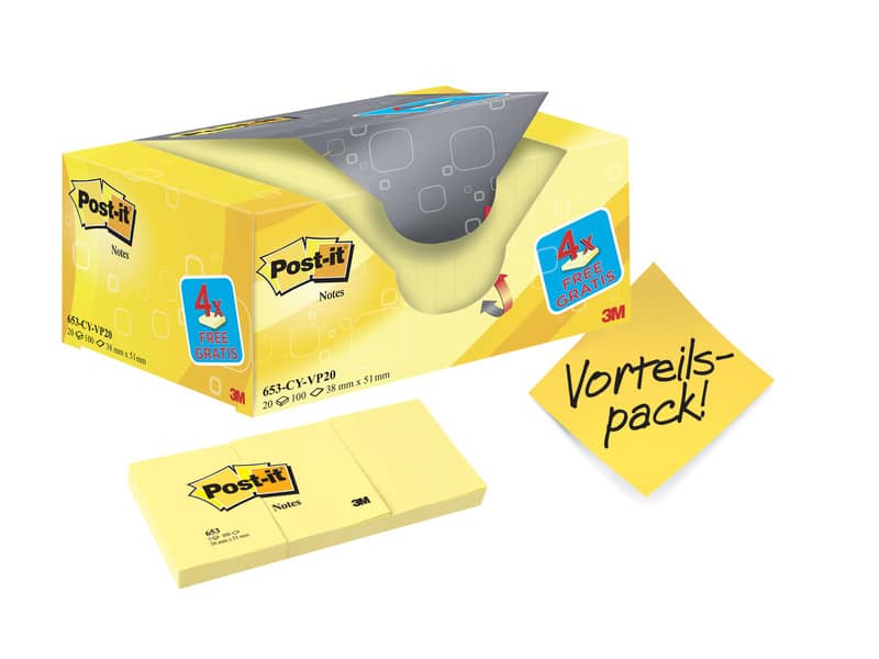 Foglietti riposizionabili Post-it® Notes giallo Canary™ 38x51 mm Value Pack 16+4 blocchetti GRATIS - 653-VP20