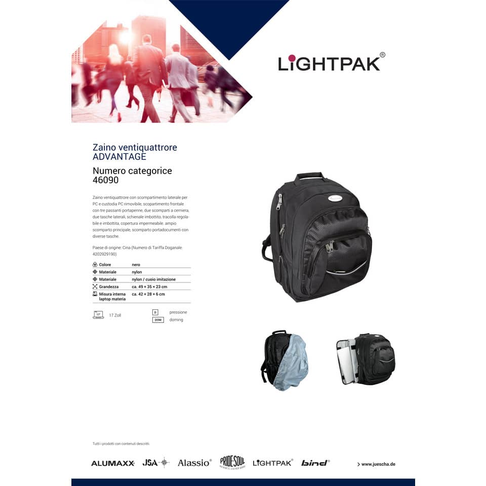 Zaino ventiquattrore portacomputer Lightpak ADVANTAGE in nylon 49x35x23 cm fino a 17" nero - 46090