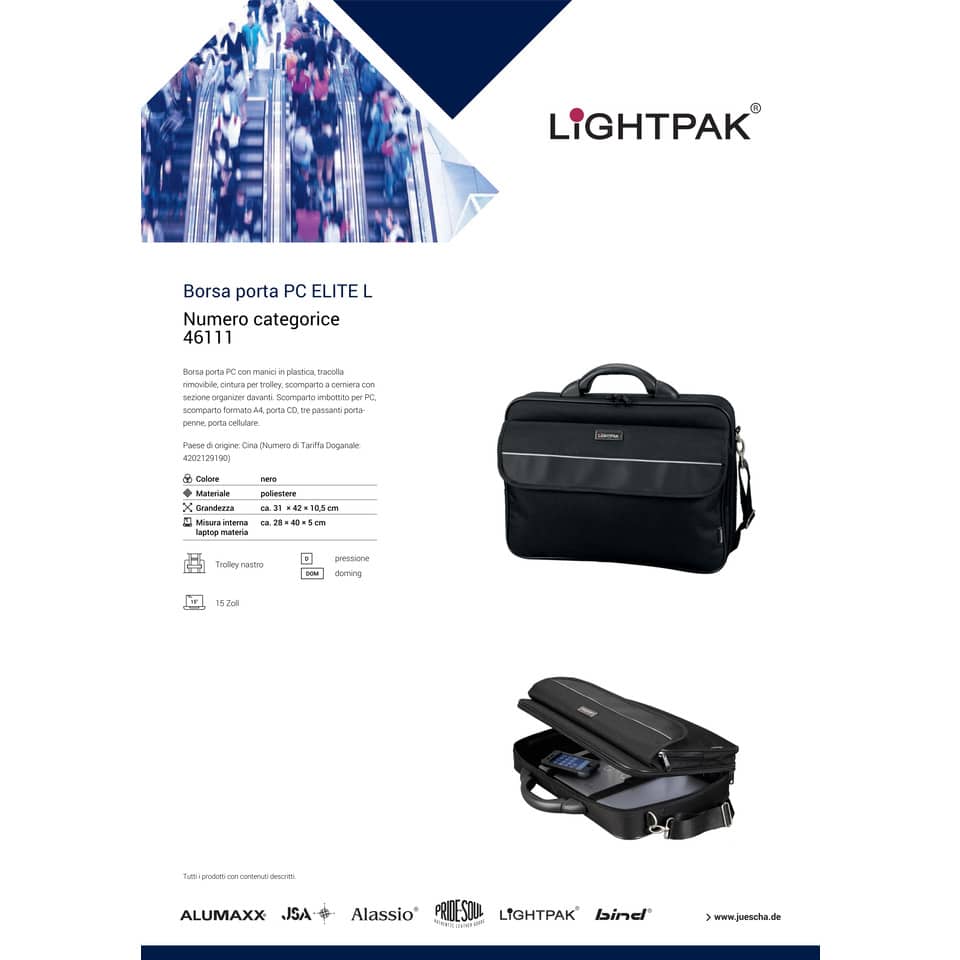 Borsa portacomputer Lightpak ELITE in poliestere nero L 42x10,5x33 cm fino a 17" nero - 46111