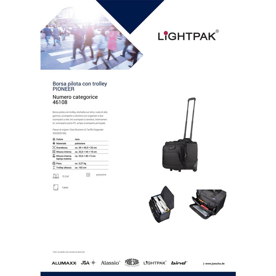 Borsa pilota con trolley Lightpak PIONEER in poliestere 47x27x38 cm nero 46108