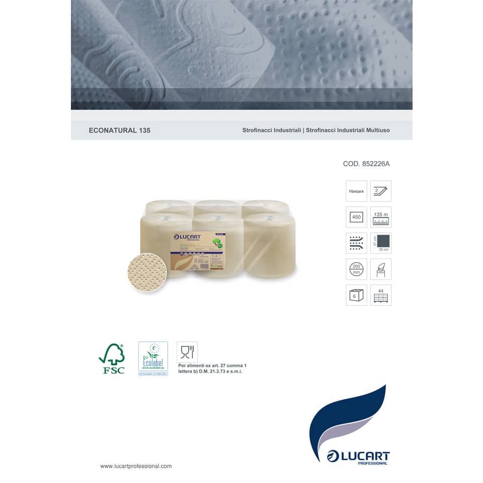 Asciugamani industriali multiuso 2 veli Lucart EcoNatural 135 m 2 veli avana 6 rotoli da 450 strappi - 852226A