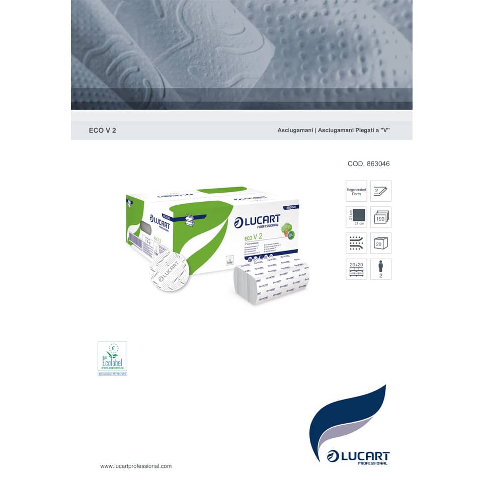 Asciugamani piegati a "V" 2 veli Lucart Eco V2 bianco 20 conf. da 192 pezzi - 863046