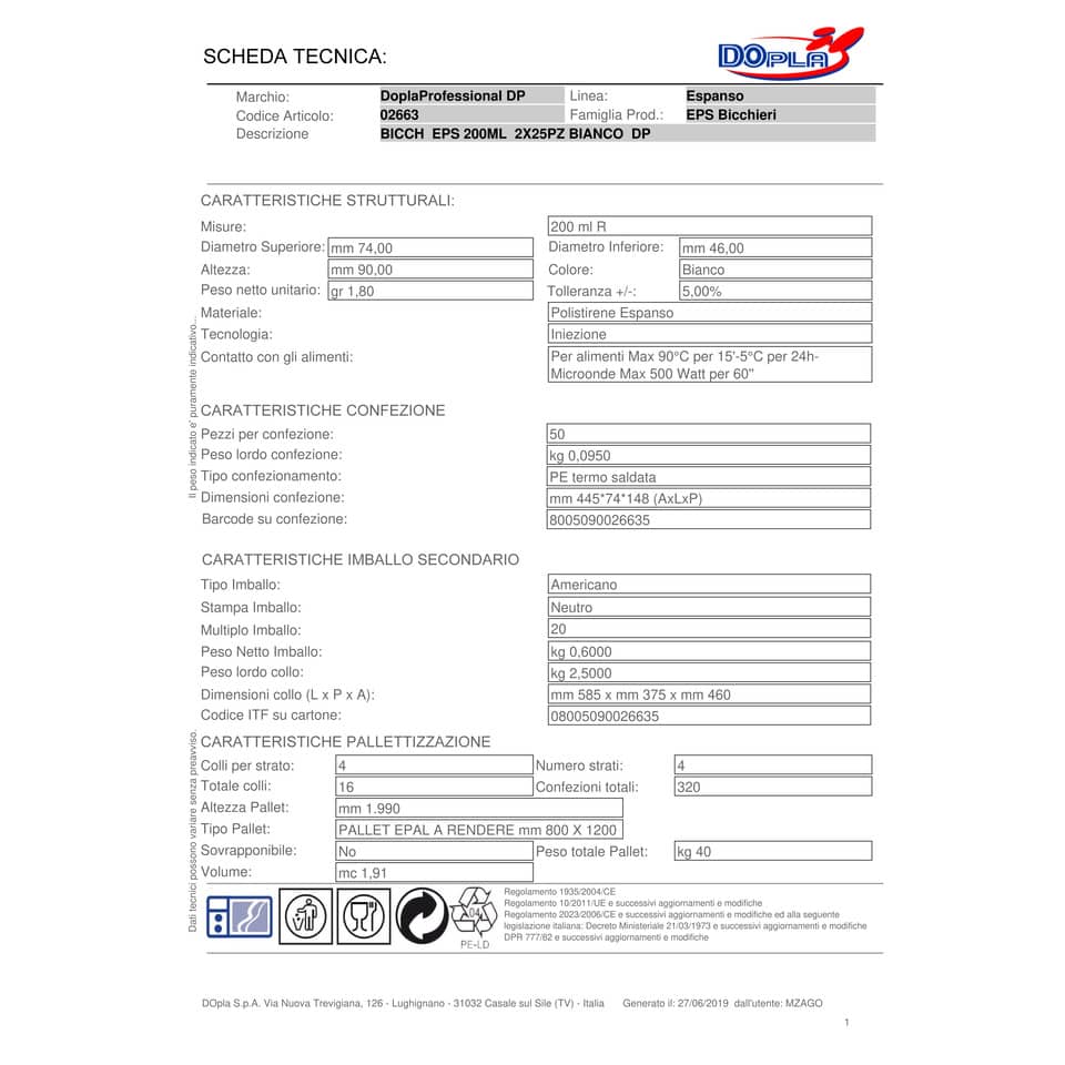 Stoviglie monouso Dopla Professional bicchieri 200 ml polistirolo espanso bianco  conf.50 - 2663
