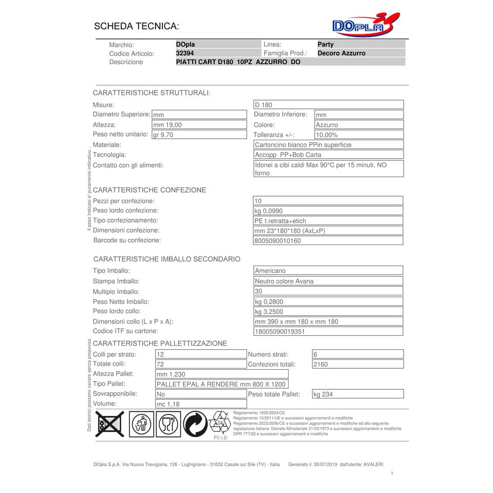 Piatti di carta tondi - diametro 180 mm Dopla azzurro conf. 10 pezzi - 32394