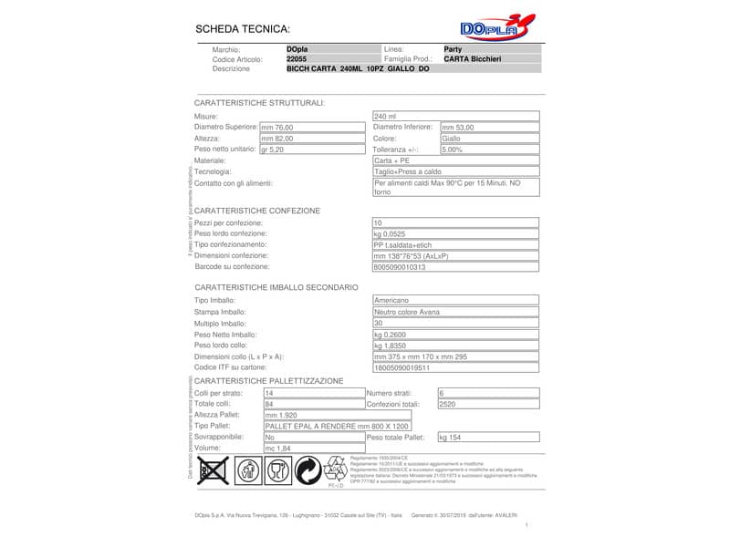 Bicchieri di carta - 240 ml Dopla giallo  conf. 10 pezzi - 22055