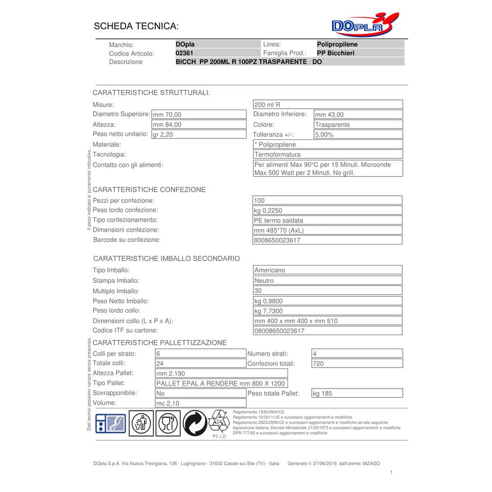 Bicchieri monouso Dopla 200 ml polipropilene trasparente conf.100 - 2361