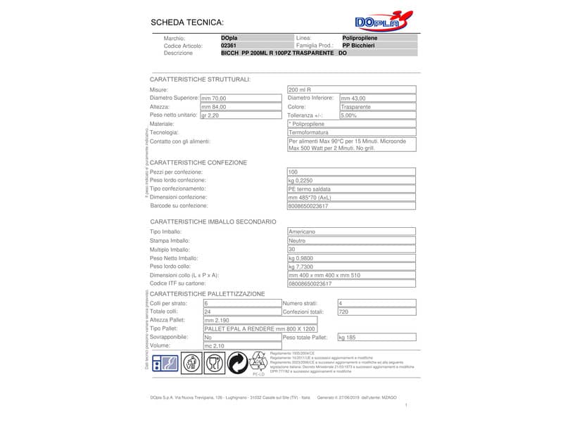 Bicchieri monouso Dopla 200 ml polipropilene trasparente conf.100 - 2361