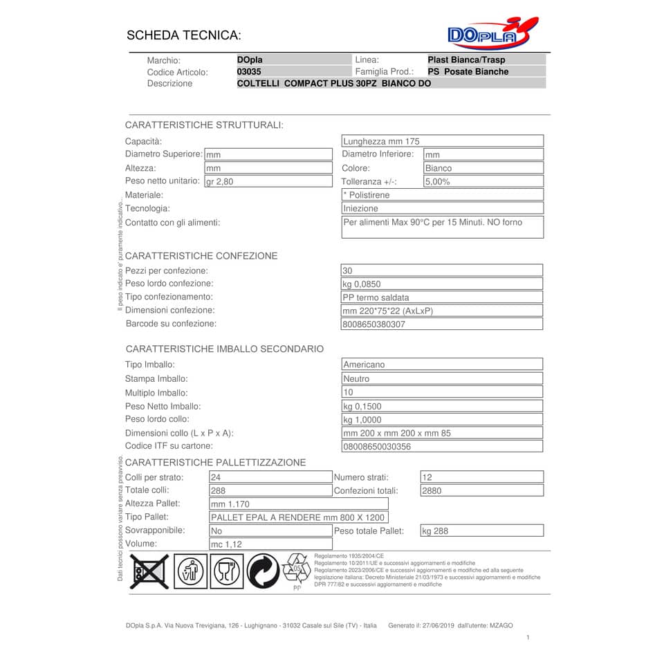 Stoviglie monouso Dopla coltelli Compact Plus polistirolo bianco conf.30 - 03035