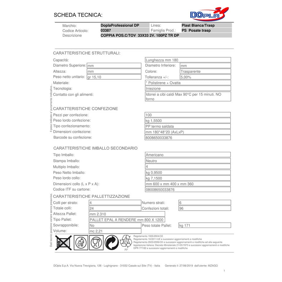 Coppia posate con tovagliolo monouso Dopla Professional polistirolo trasparente  conf.100 - 03387