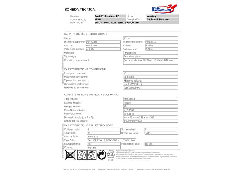 Bicchieri monouso Dopla Professional 80 ml polistirene bianco conf.50 - 42107