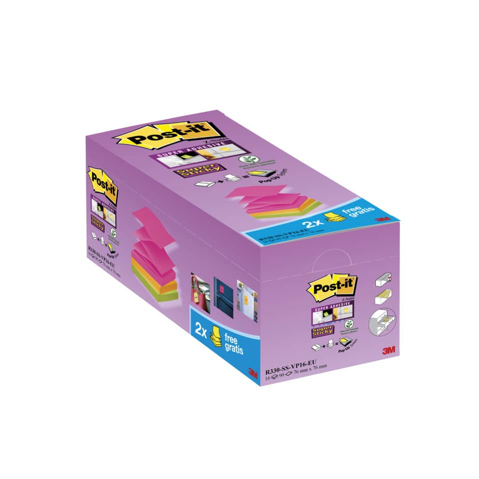 Foglietti Post-it® Super Sticky Z-notes assortiti conf. 14 blocchetti + 2 gratis da 100 ff - R330-SS-VP16-EU