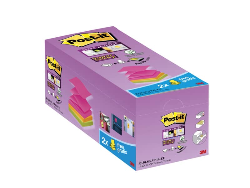 Foglietti Post-it® Super Sticky Z-notes assortiti conf. 14 blocchetti + 2 gratis da 100 ff - R330-SS-VP16-EU