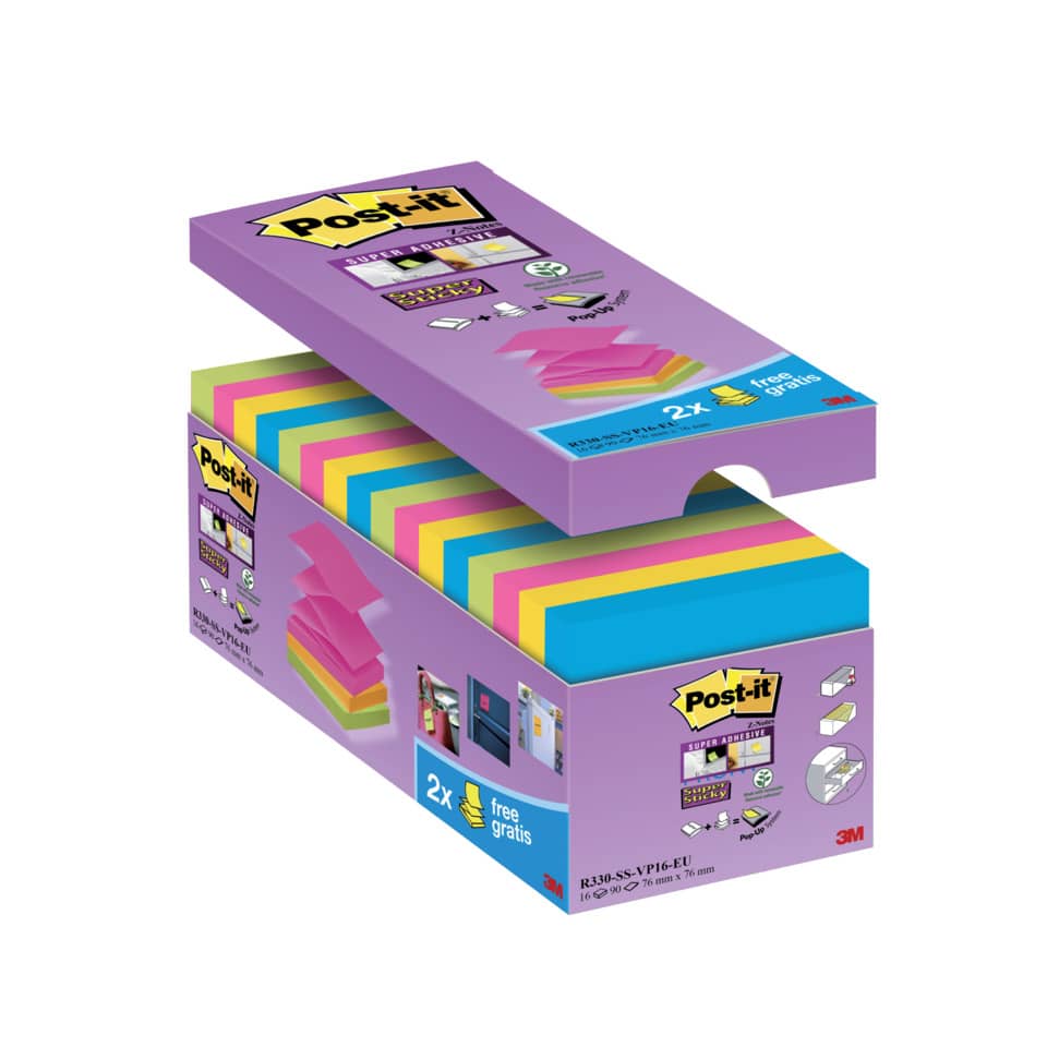 Foglietti Post-it® Super Sticky Z-notes assortiti conf. 14 blocchetti + 2 gratis da 100 ff - R330-SS-VP16-EU