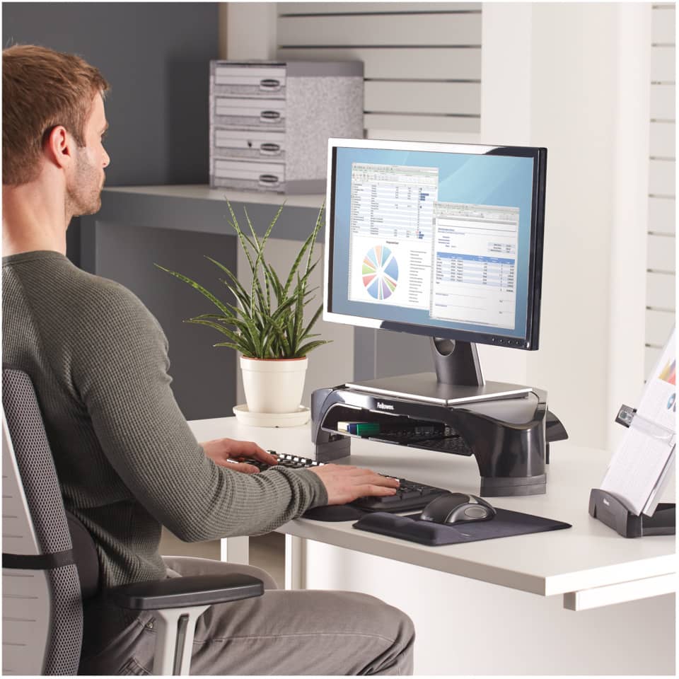 Supporto FELLOWES Smart Suites per monitor plus ABS grigio/nero 47,8x32,8cm con vaschetta portaoggetti - 8020801