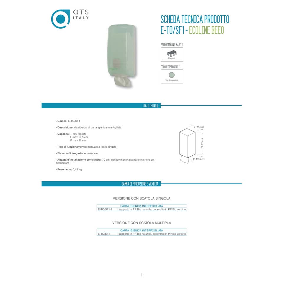 Distributore mini di carta igienica interfogliata QTS in PPL con capacità 700 foglietti verde opalino - E-TO/SF1-S