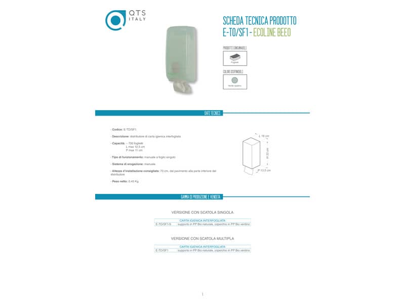 Distributore mini di carta igienica interfogliata QTS in PPL con capacità 700 foglietti verde opalino - E-TO/SF1-S